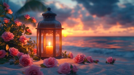 Fototapeta premium Romantic sunset beach scene with lit lantern and pink roses.