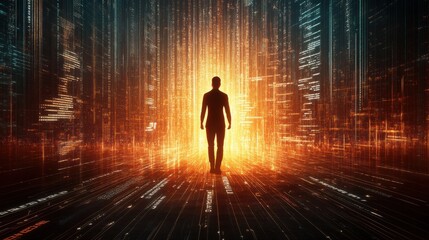 A captivating silhouette of a person stands against a backdrop of luminous data streams, representing the journey into a future shaped by technology and digital realities.