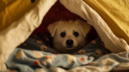 Obraz premium Stuffed dog peeking out from under a blanket fort