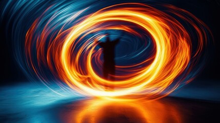 Silhouette figure in vibrant light circle, dark space