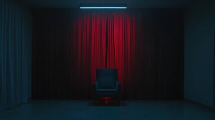 A dimly lit room with a single chair, representing solitude and isolation,
