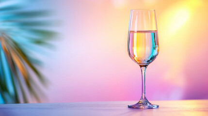champagne flute with opal like reflections stands against soft holographic pastel background