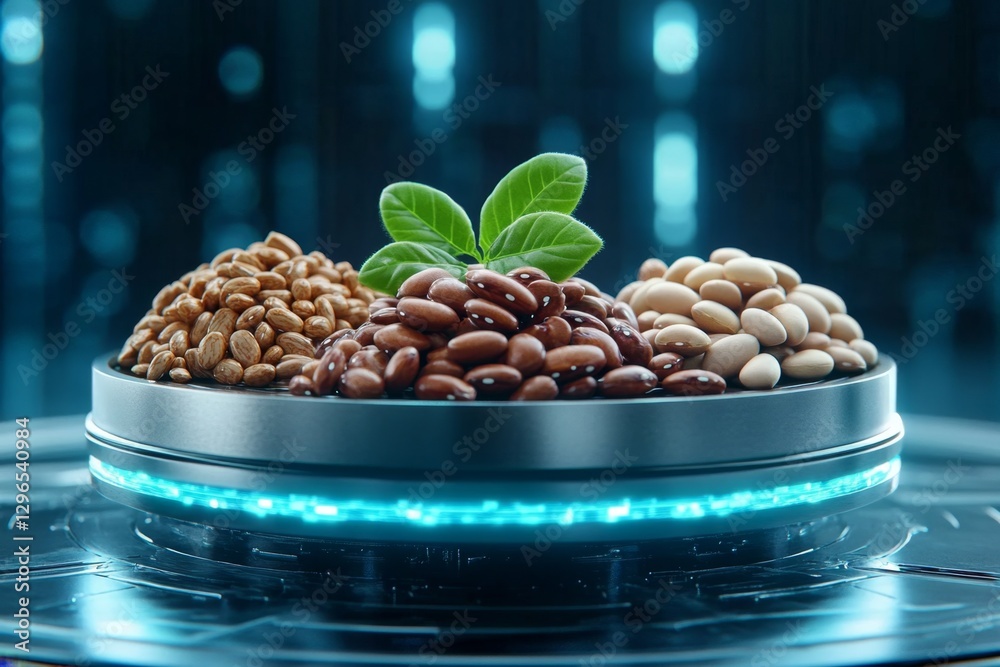 Poster A futuristic holographic display showcasing different types of beans with nutritional data