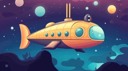 Cartoon submarine in an underwater or space-like setting with stylized planets
