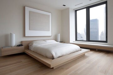 Obraz premium A contemporary bedroom with a platform bed, floating nightstands, and a large abstract painting as the focal point