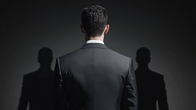 A man in a suit stands with his back to the viewer, casting shadows that create a mysterious and introspective atmosphere.