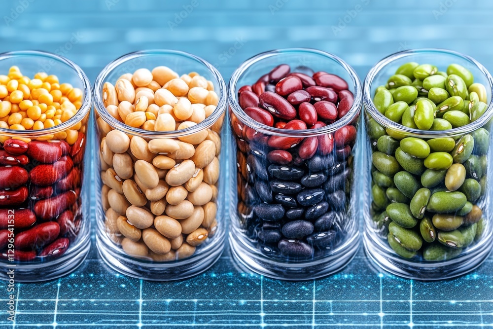 Poster A futuristic holographic display showcasing different types of beans with nutritional data