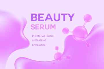 Glowing 3d light pink, lavender color molecules, fluid clear serum background with copy space. Elegant transparent water wave, beauty science technology product backdrop, cosmetics commercial banner