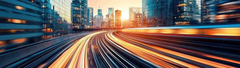 Obraz premium A vibrant cityscape at sunset, showcasing light trails from moving vehicles against tall buildings and a colorful sky.