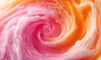 Abstract swirl of flowing pink and orange liquid textures illuminated by gradient lighting creating a bold and vibrant composition