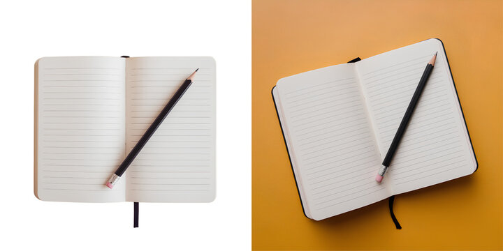  Open Notebook with Lined Pages and Diagonal Pencil on Vibrant Yellow Background isolated on transparent background PNG