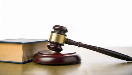 A judge's gavel resting beside a law book on a wooden desk, symbolizing justice.
