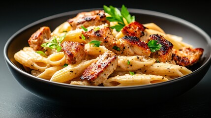 Fototapeta premium Delicious Pasta Dish with Grilled Chicken and Fresh Herbs in Elegant Black Bowl on Dark Background