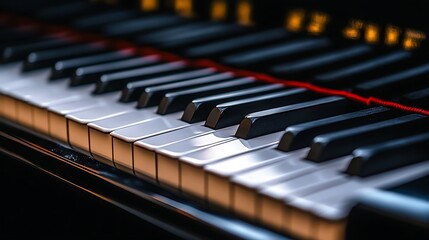 Close up piano keys, dark background, musical instrument