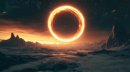 glowing ring floating above an alien planet, serving as a gateway to another dimension 