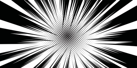 Speed lines in frame for manga comics book. Radial motion background with flash and lightning. Monochrome explosion and flash glow. Vector