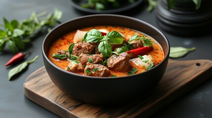 Delicious and Rich Thai Red Curry with Fresh Herbs and Tender Meat in a Dark Bowl on Wooden Board