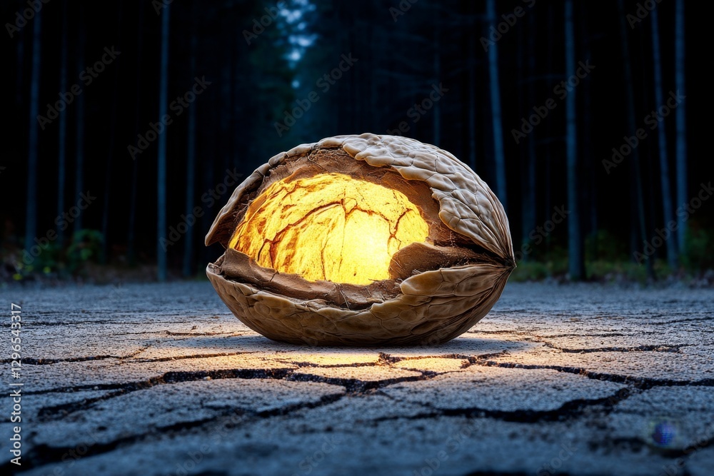 Poster a giant floating walnut cracking open to reveal golden light inside