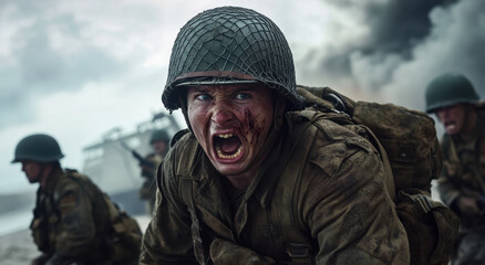 Obraz premium A soldier, visibly injured and helmetless, screams in agony amidst a chaotic battlefield. Others scramble nearby, highlighting the urgent and intense atmosphere of war