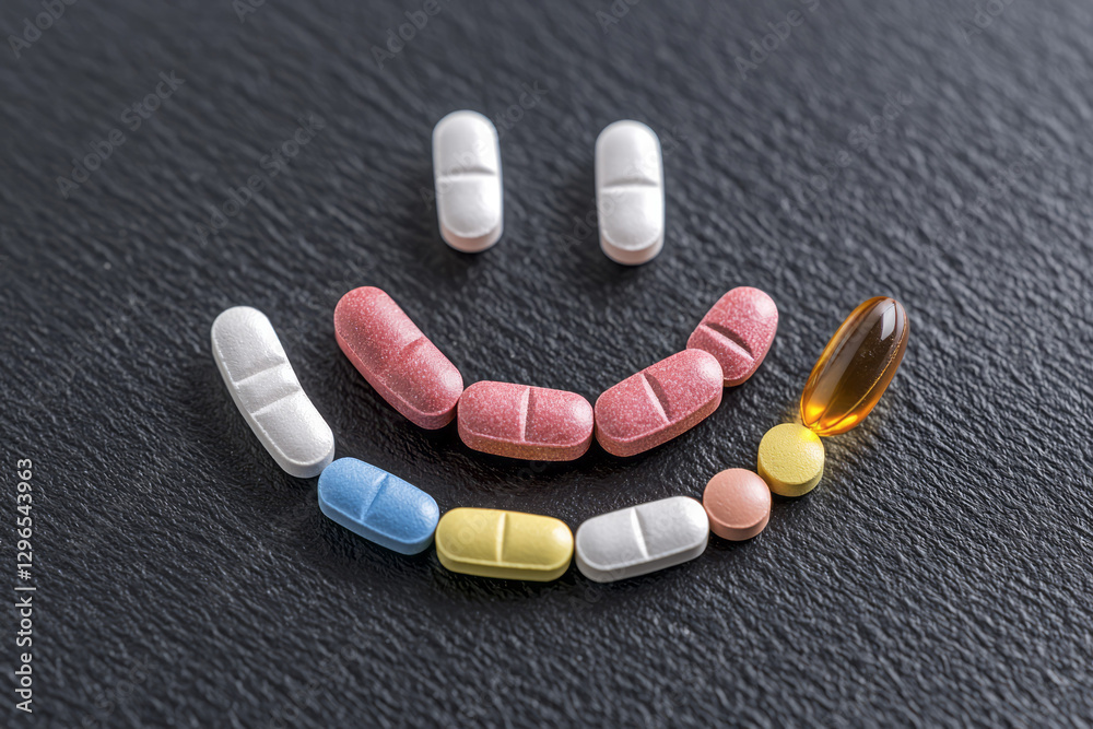 Poster A playful composition featuring different shapes and colors of vitamins arranged into a cheerful