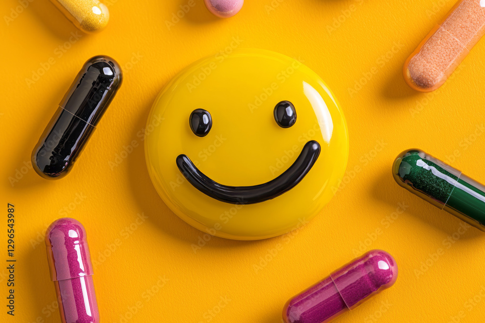 Poster A playful composition featuring different shapes and colors of vitamins arranged into a cheerful
