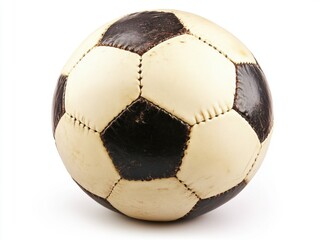 Classic black and white soccer ball resting on a white surface