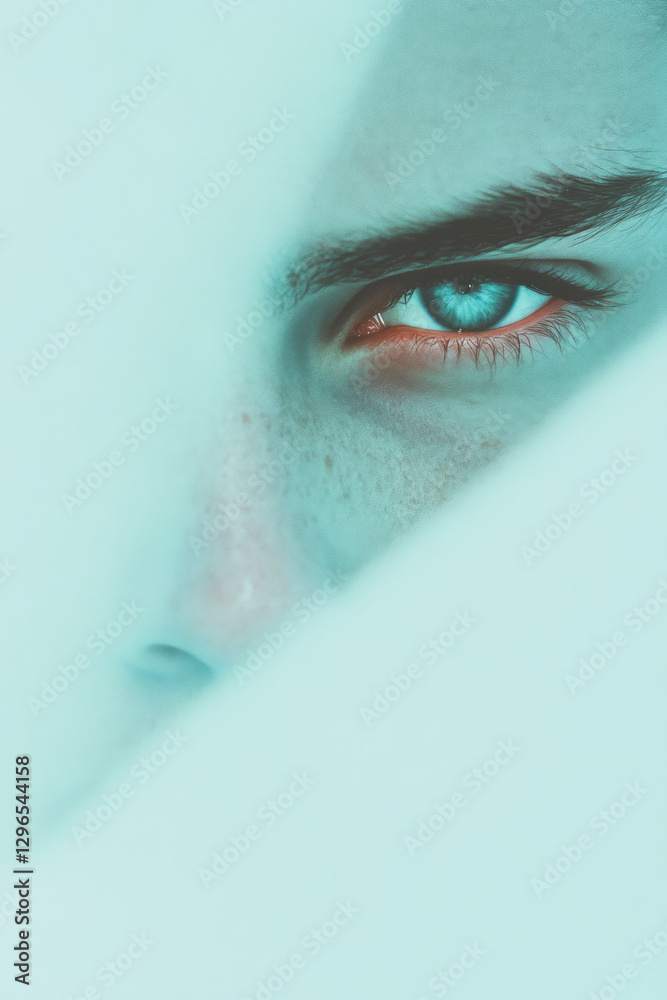 Aufkleber minimalist composition featuring only a partial view of the face, focusing on luminous blue eyes