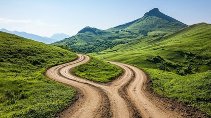 A winding dirt road meanders through lush green hills, leading towards a distant mountain under a clear blue sky.
