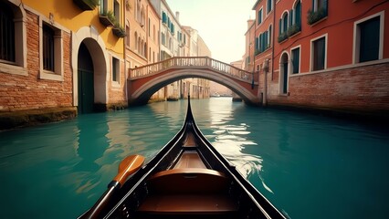 Gondola on a Venetian canal at sunset.