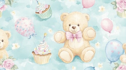 Watercolor Teddy Bear with Balloons and Cupcakes Party Celebration
