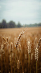 Naklejka premium Close-Up of Wheat Ears in a Golden Field Under a Soft Sky – Agricultural Harvest and Farming Concept
