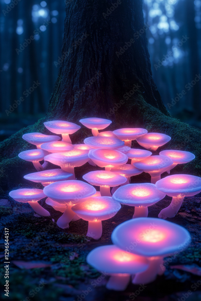 Poster glowing mushrooms clustered at the base of an ancient tree, soft bioluminescence casting eerie
