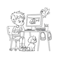 boy and dog they are front on computer coloring page 