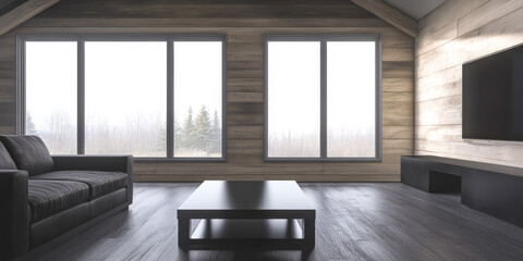 Obraz premium Spacious modern living room with large windows and wooden decor in a quiet forest setting
