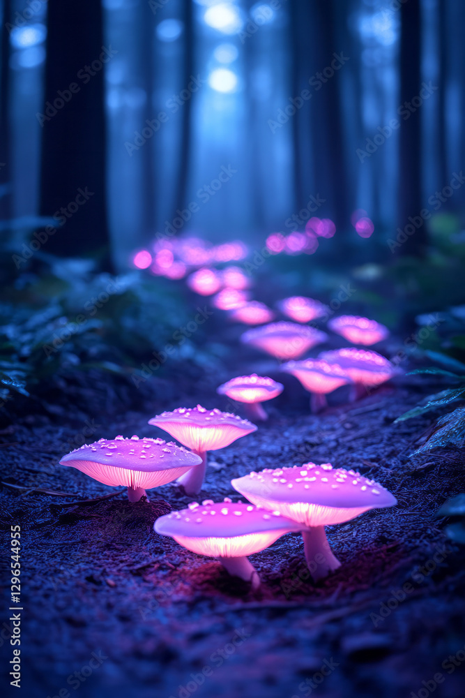 Poster wide shot of a hidden forest path lined with softly shimmering mushrooms, ethereal pastel glows,