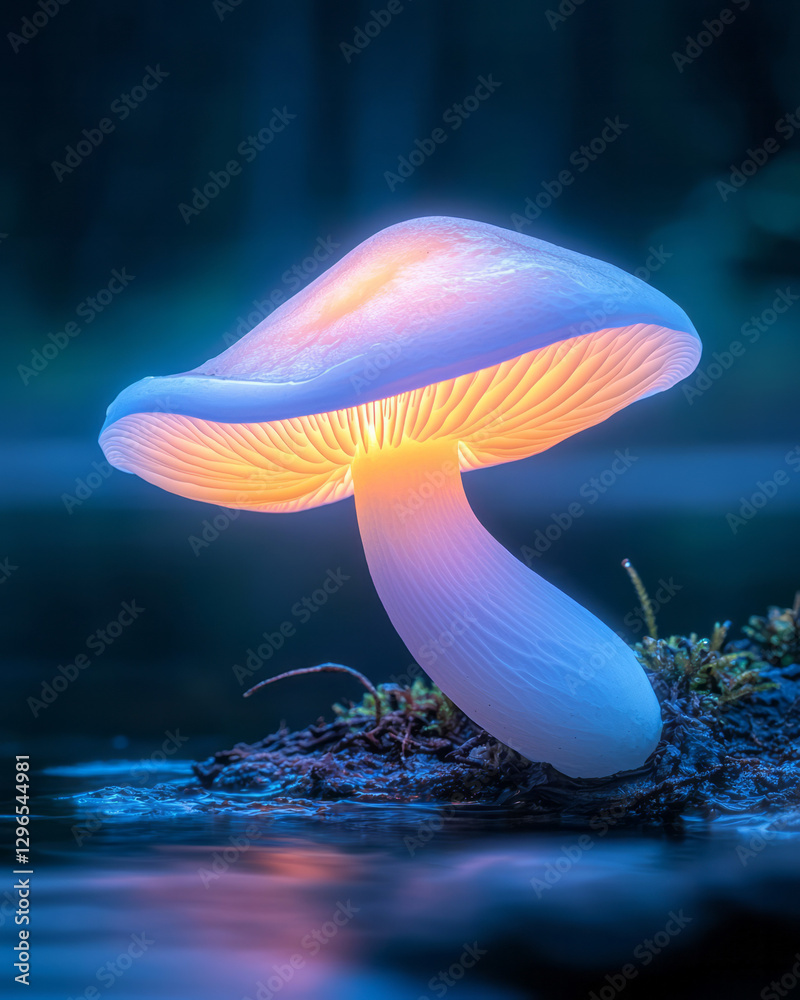 Aufkleber Macro perspective focusing on a single bioluminescent cap reflecting onto neighboring fungi, subtle