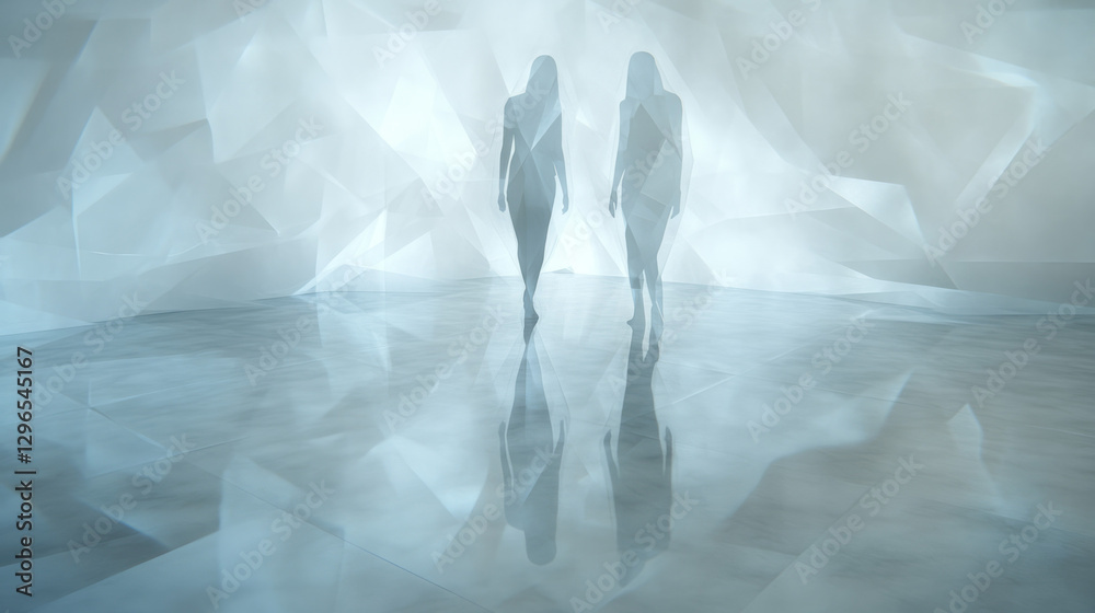 Poster Abstract overlay of triangles and polygons mapped onto a silhouette reflected on a glossy floor,