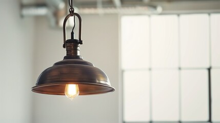 Obraz premium A stylish pendant light fixture with an industrial design, hanging against a bright white background in high-definition sharpness.