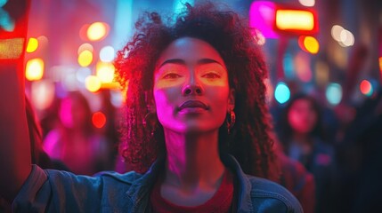 A diverse group of people protesting for equality and social justice, glowing holographic signs with messages of inclusion, Social justice, Digital Art, Vivid and empowering