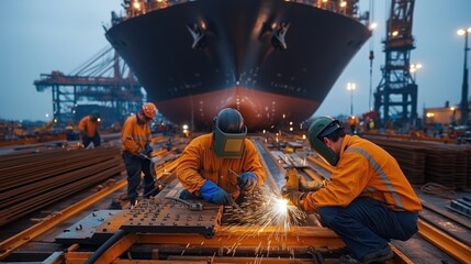 Shipbuilding Process in Industrial Yard During Evening with Workers Constructing, Welding, and Handling Metal Materials for Large Vessel
