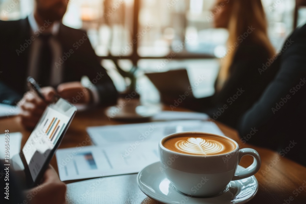 Poster business meeting in a café with coffee and tablet notes during afternoon hours. generative ai