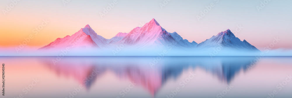 Aufkleber dreamlike perspective of a calm riverâ€™s reflection mirroring snow-capped mountains at dawn,