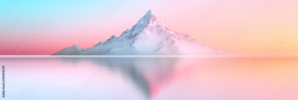 Poster dreamlike perspective of a calm riverâ€™s reflection mirroring snow-capped mountains at dawn,
