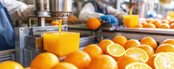 Fresh oranges are processed into juice, showcasing a factory setting with workers and vibrant fruit, emphasizing efficiency and quality in juice production.
