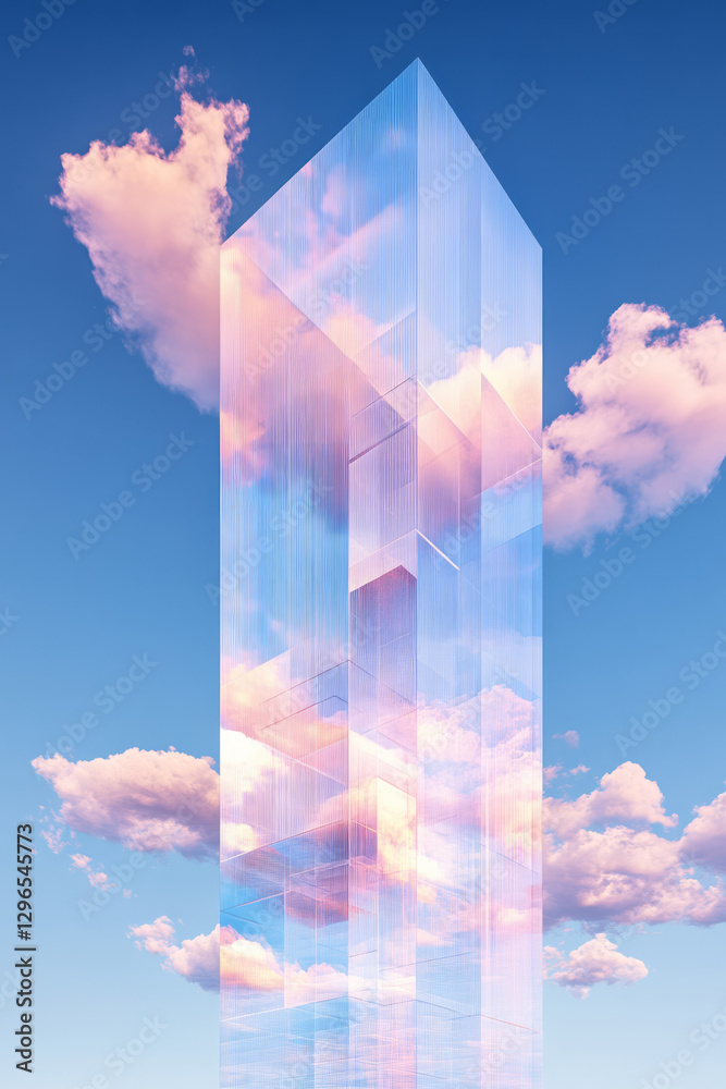 Poster towering glass structure seamlessly merging with wispy clouds, reflecting the sky in its