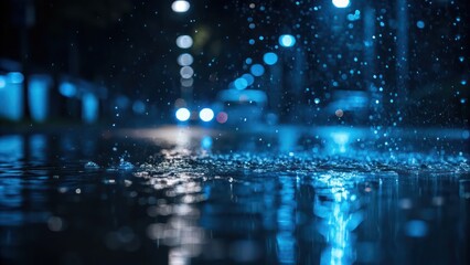 Fototapeta premium close-up of raindrops splashing on a wet street at night. The scene captures the beauty of rainfall in an urban environment with blurred lights in the distance. 