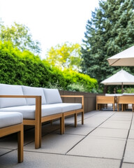 Fototapeta premium Outdoor lounge area featuring modern furniture amidst lush greenery and sunny ambiance