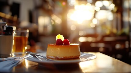 Naklejka premium High-resolution photography of a flan on a glass dessert plate with a glossy finish, captured in a warm, inviting café setting