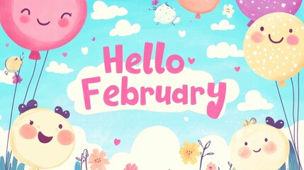 Whimsical February Greeting with Colorful Balloons and Smiling Faces