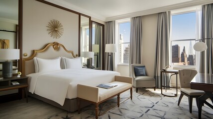 Spacious hotel room with a king-size bed, designer furnishings, and city views.